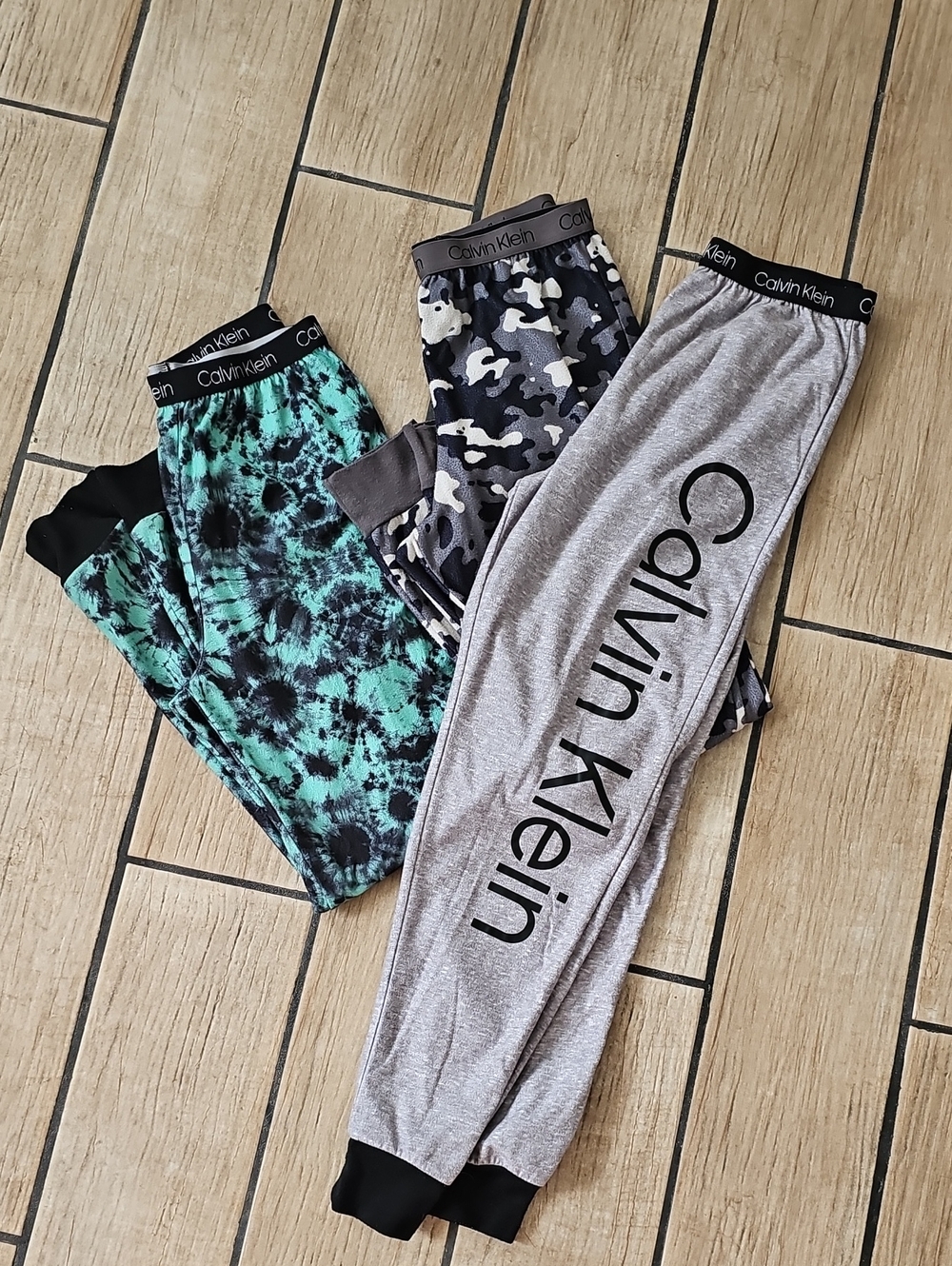 Calvin Klein Kids Jogger Pj Pants Trio Gray Black Camo Teal Tiedye M 10/12